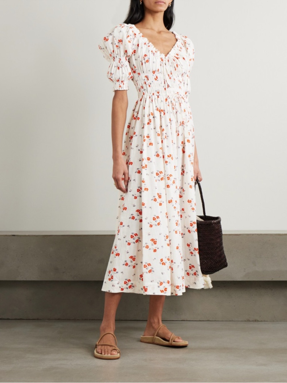Doen Ischia shirred floral-print organic cotton-blend voile midi dress - M